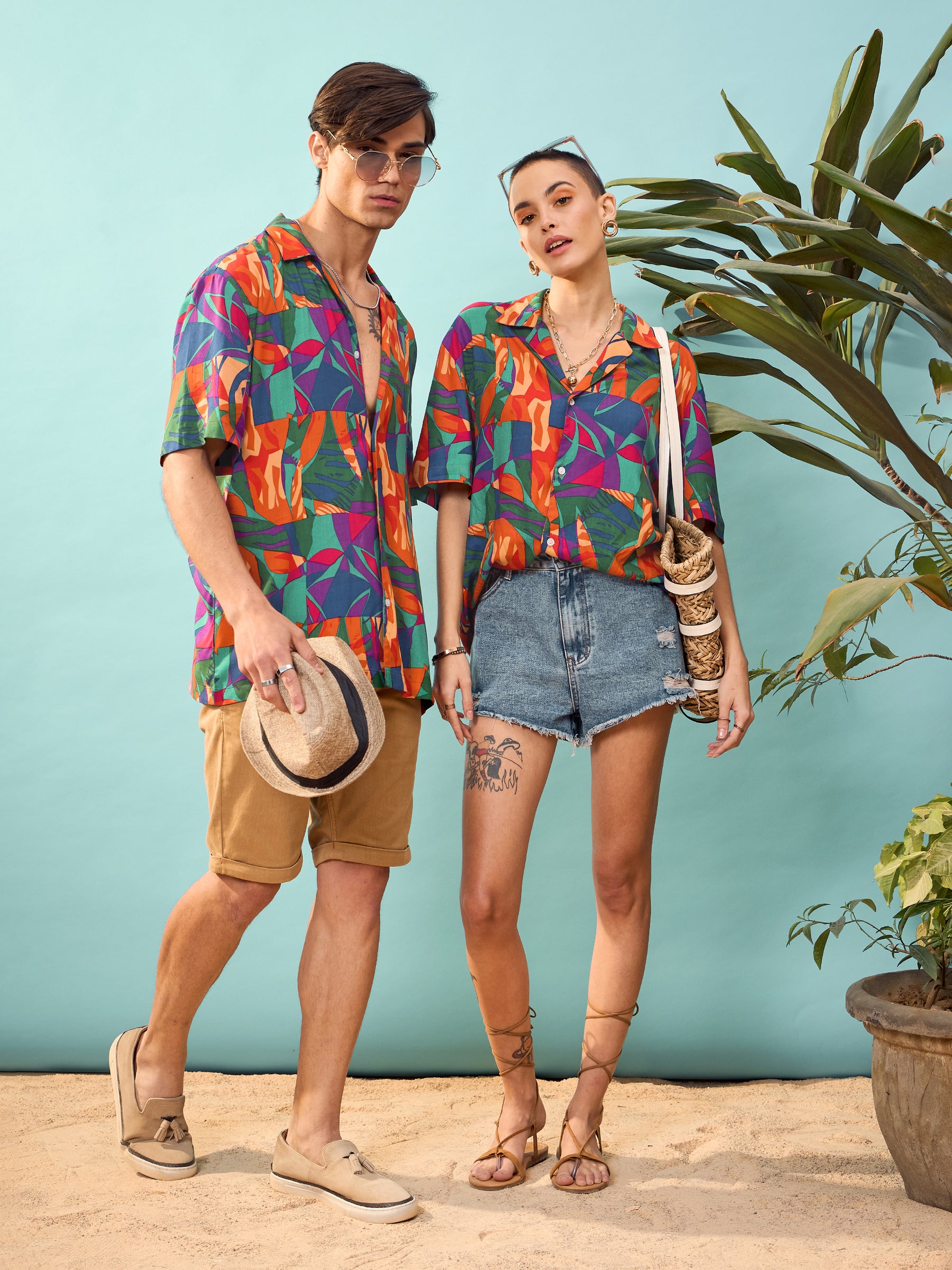 Blue Multi Tropical Print Relax Fit Shirt-SASSAFRAS