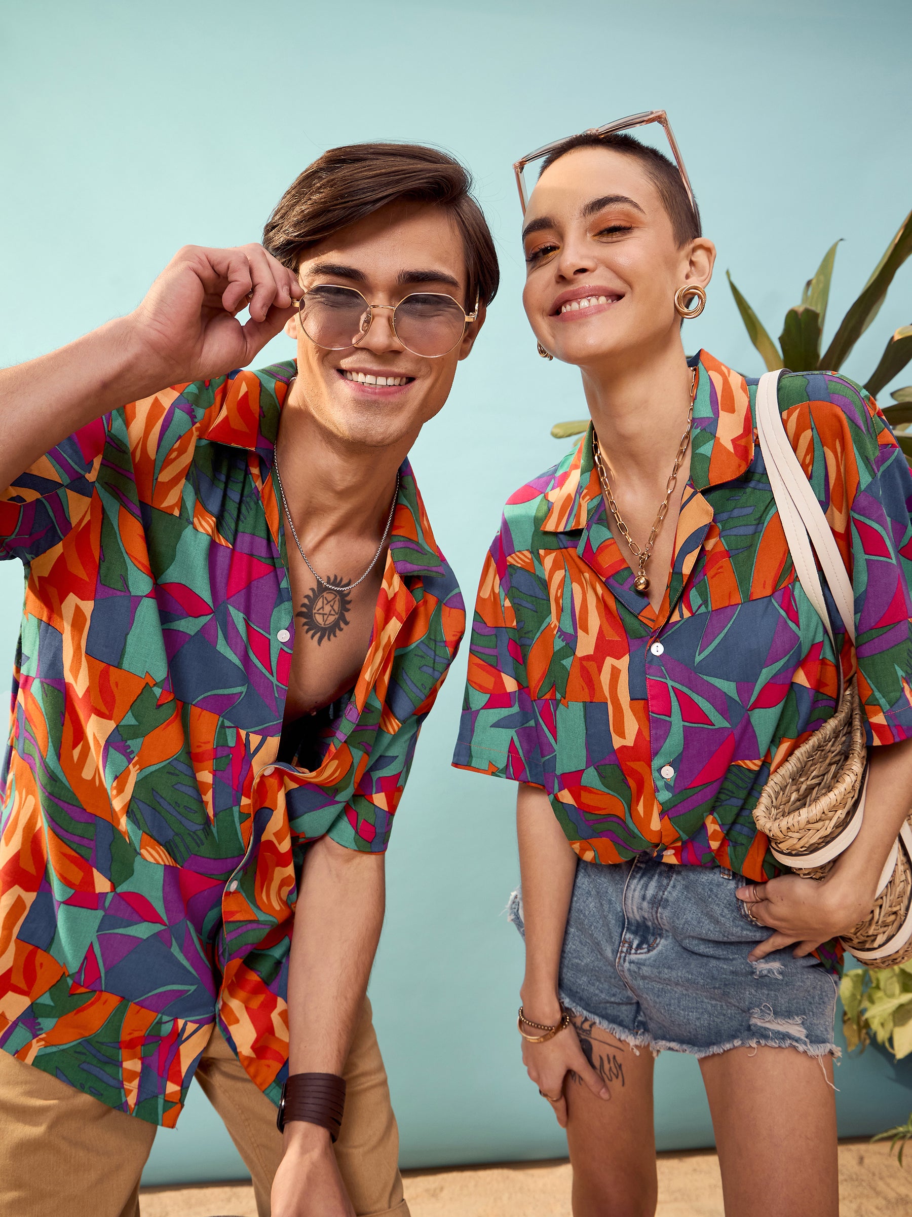 Women Blue Multi Tropical Print Relax Fit Shirt