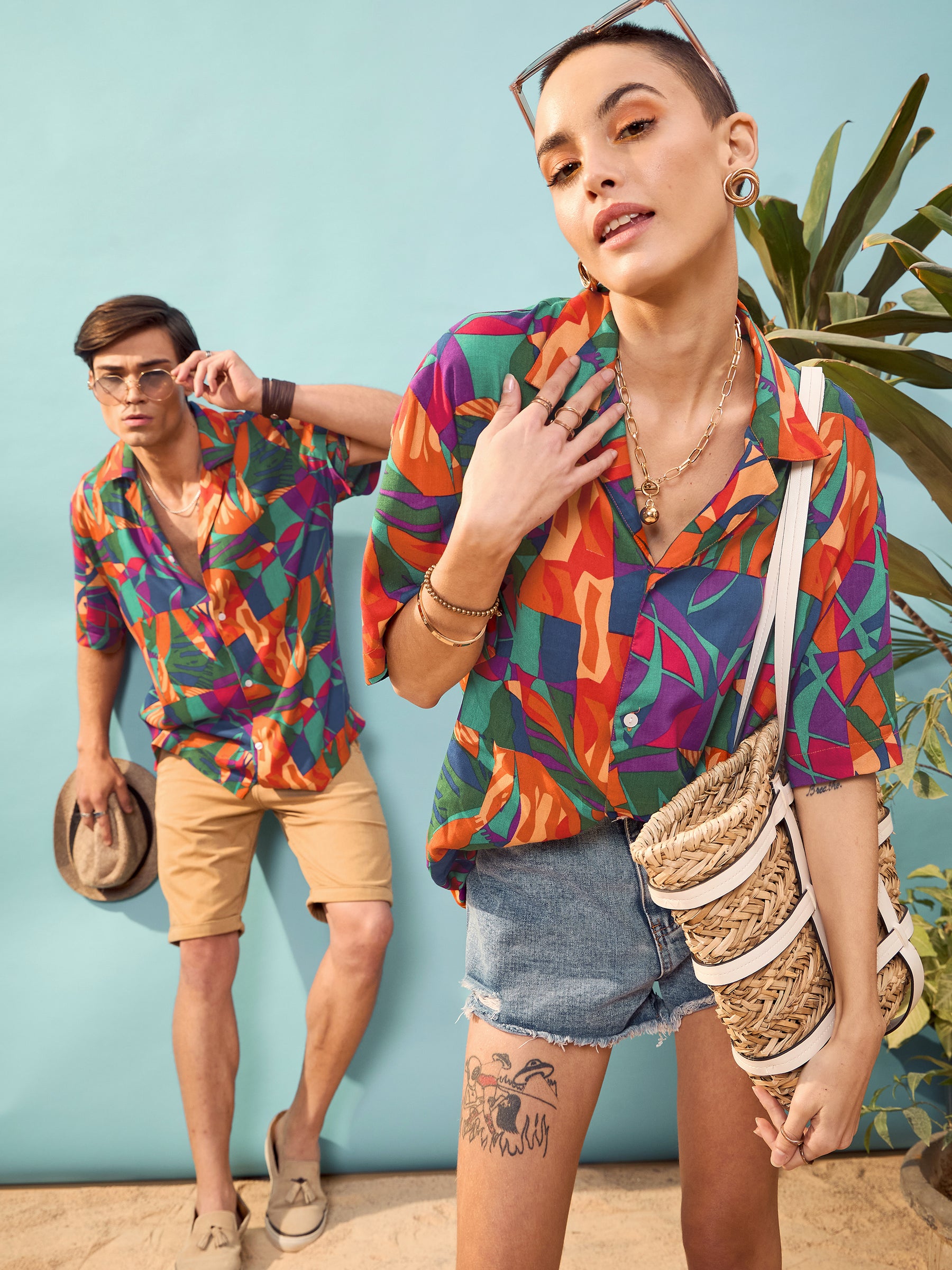 Women Blue Multi Tropical Print Relax Fit Shirt