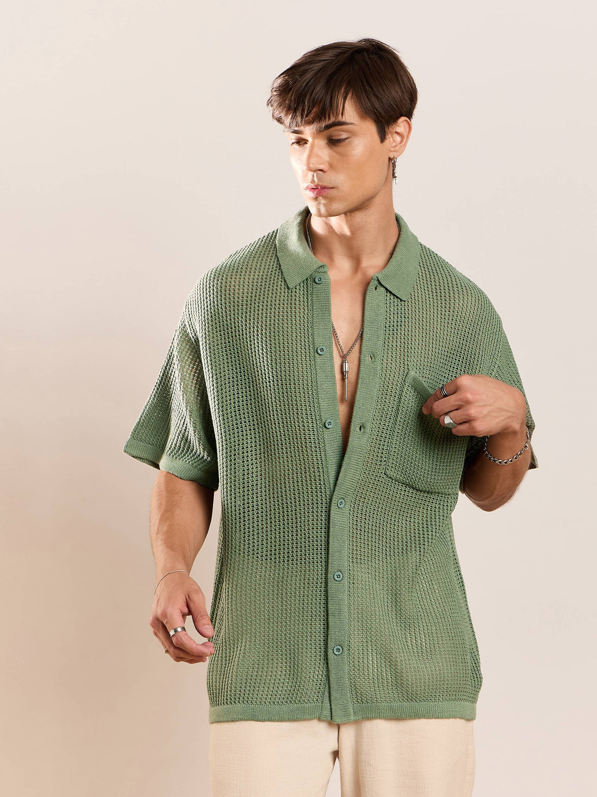 Green Crochet Knit Oversize Shirt-MASCLN SASSAFRAS