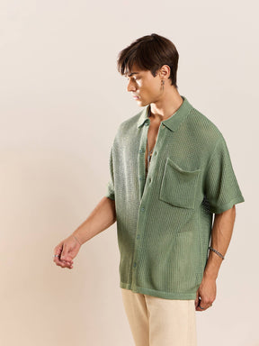 Green Crochet Knit Oversize Shirt-MASCLN SASSAFRAS