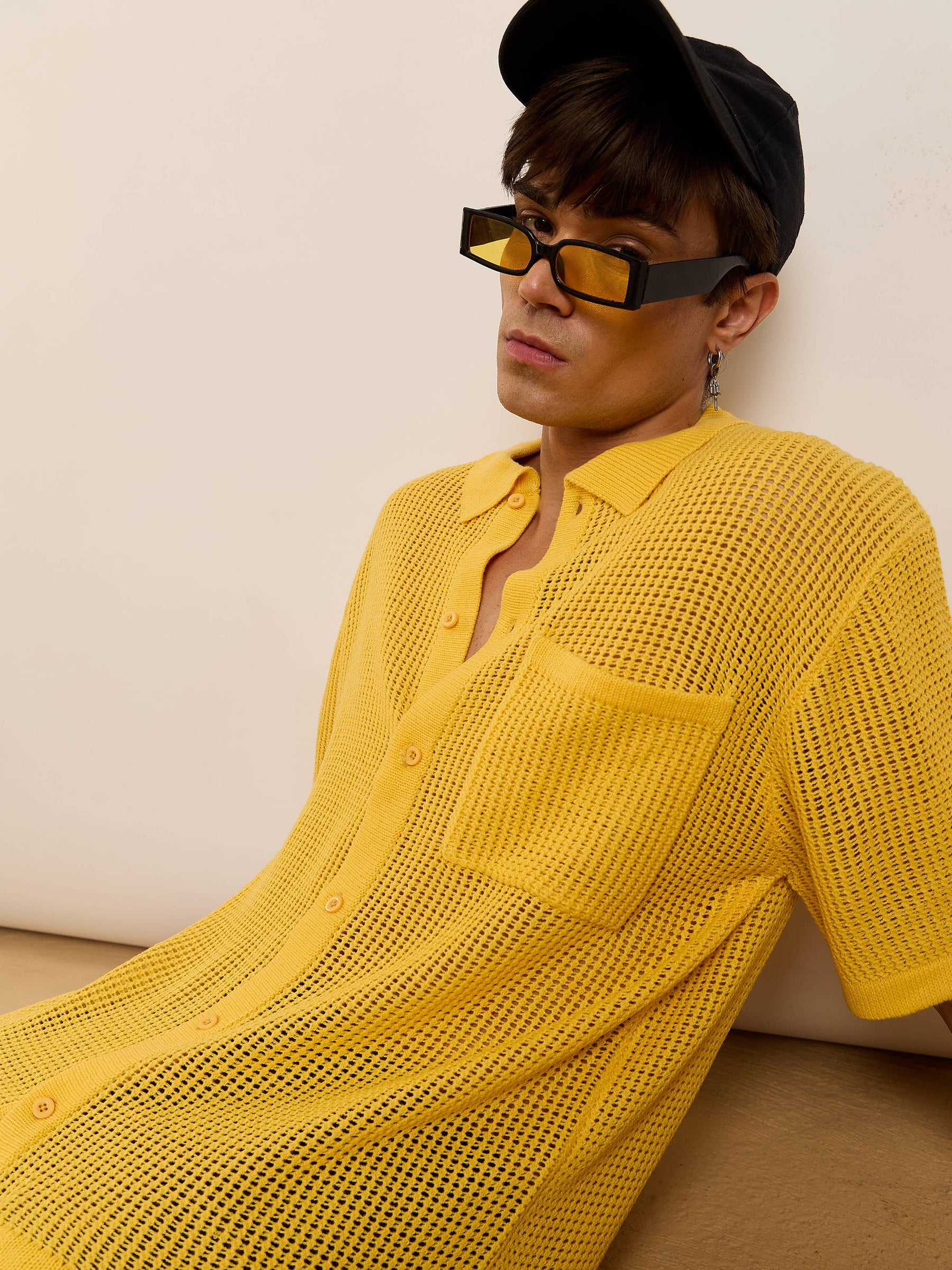 Yellow Crochet Knit Oversize Shirt-MASCLN SASSAFRAS