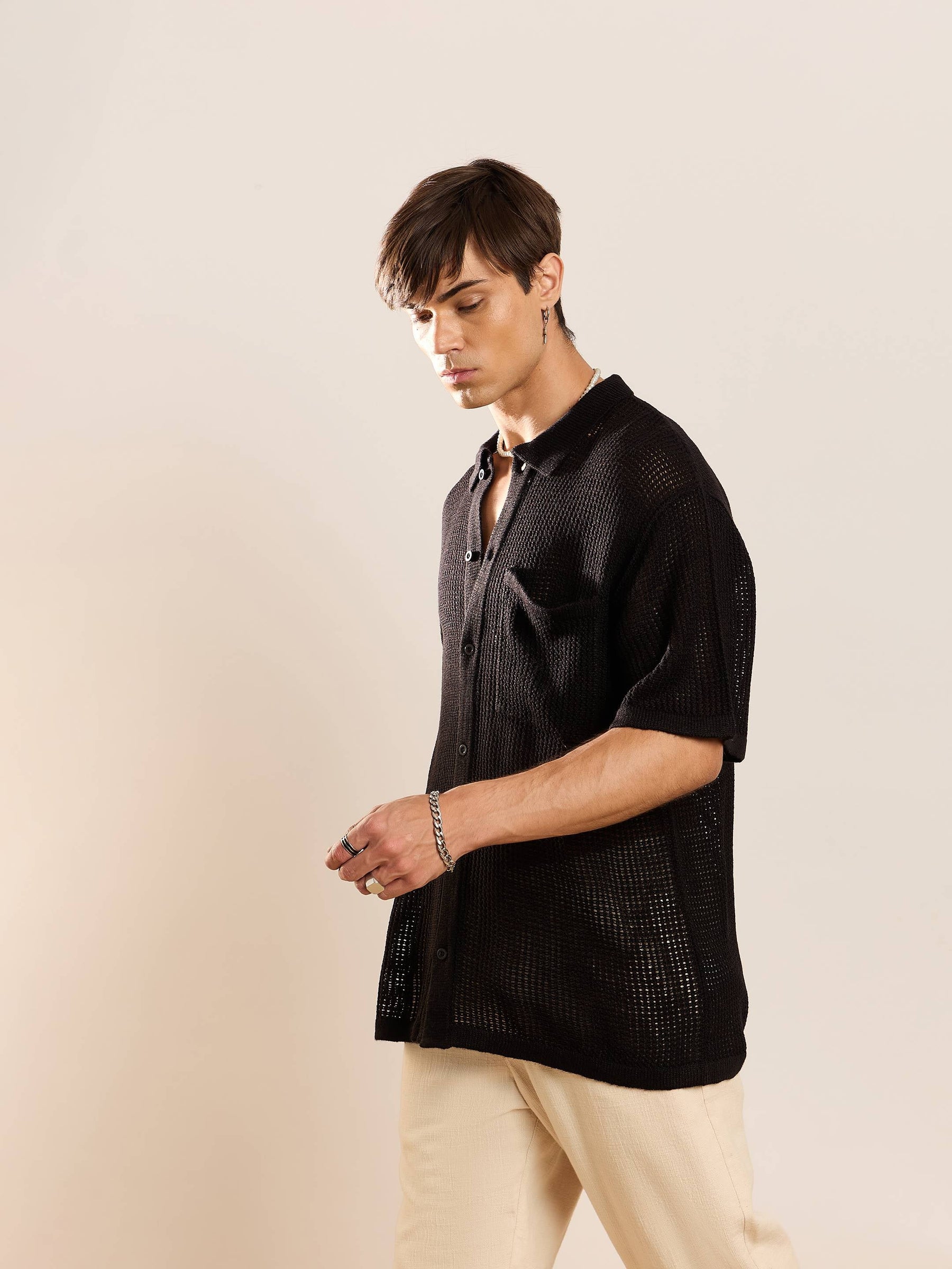 Black Crochet Knit Oversize Shirt-MASCLN SASSAFRAS