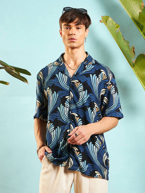 Blue & Black Conversational Print Relax Fit Shirt-MASCLN SASSAFRAS