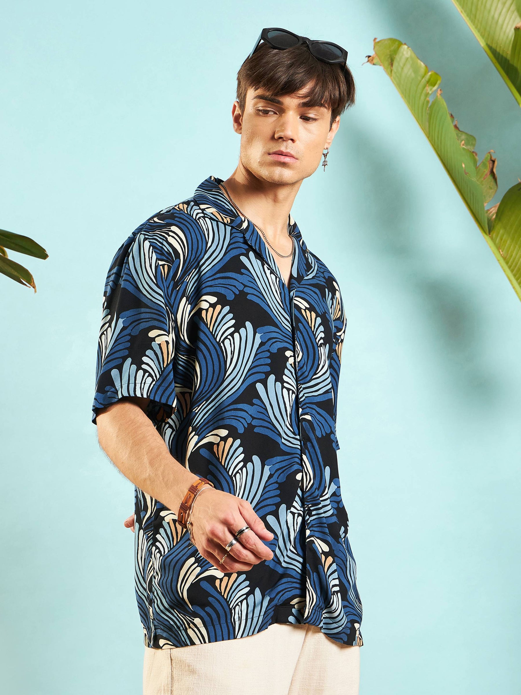 Blue & Black Conversational Print Relax Fit Shirt-MASCLN SASSAFRAS