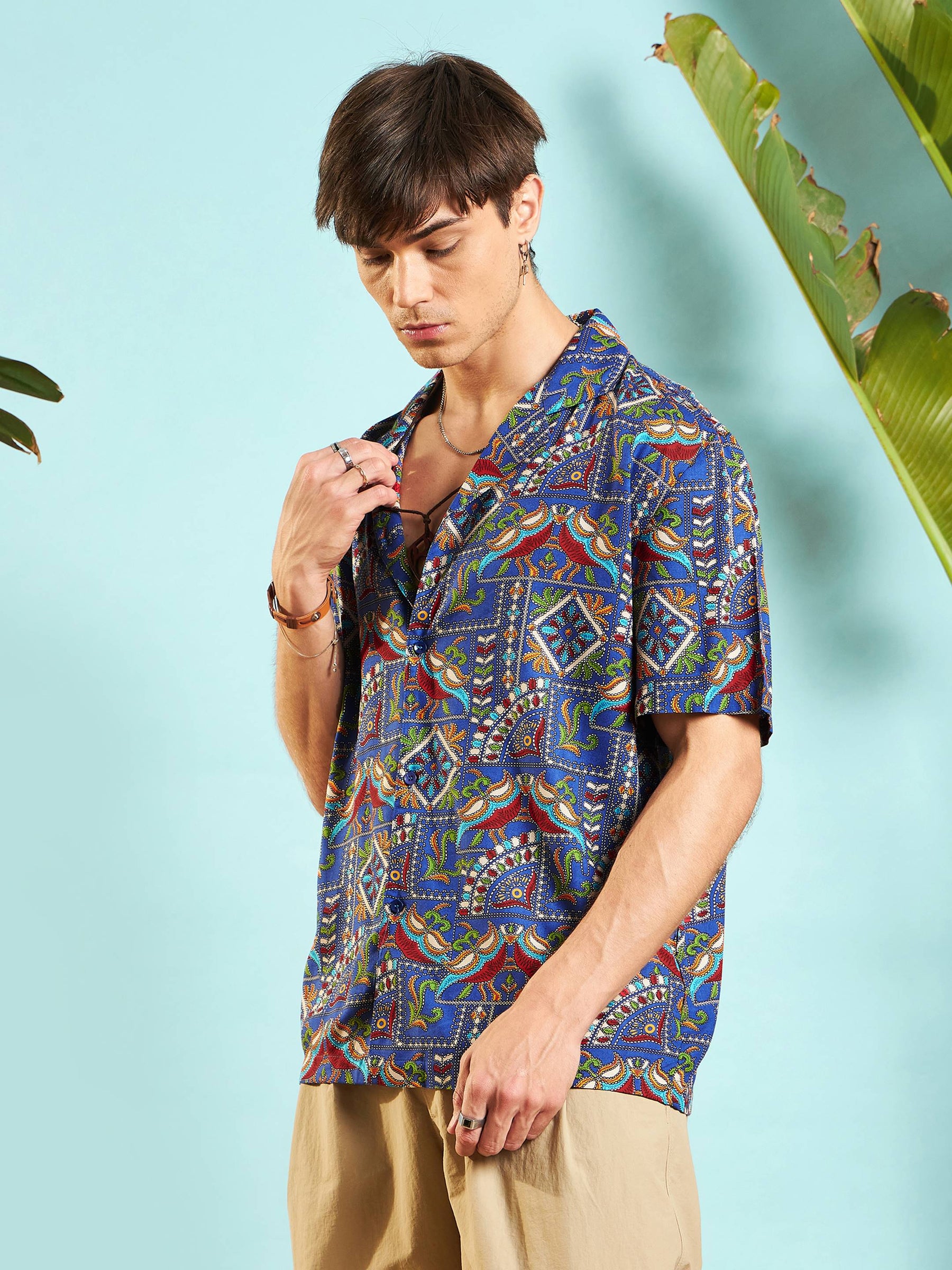 Blue Ethnic Print Relax Fit Shirt-MASCLN SASSAFRAS