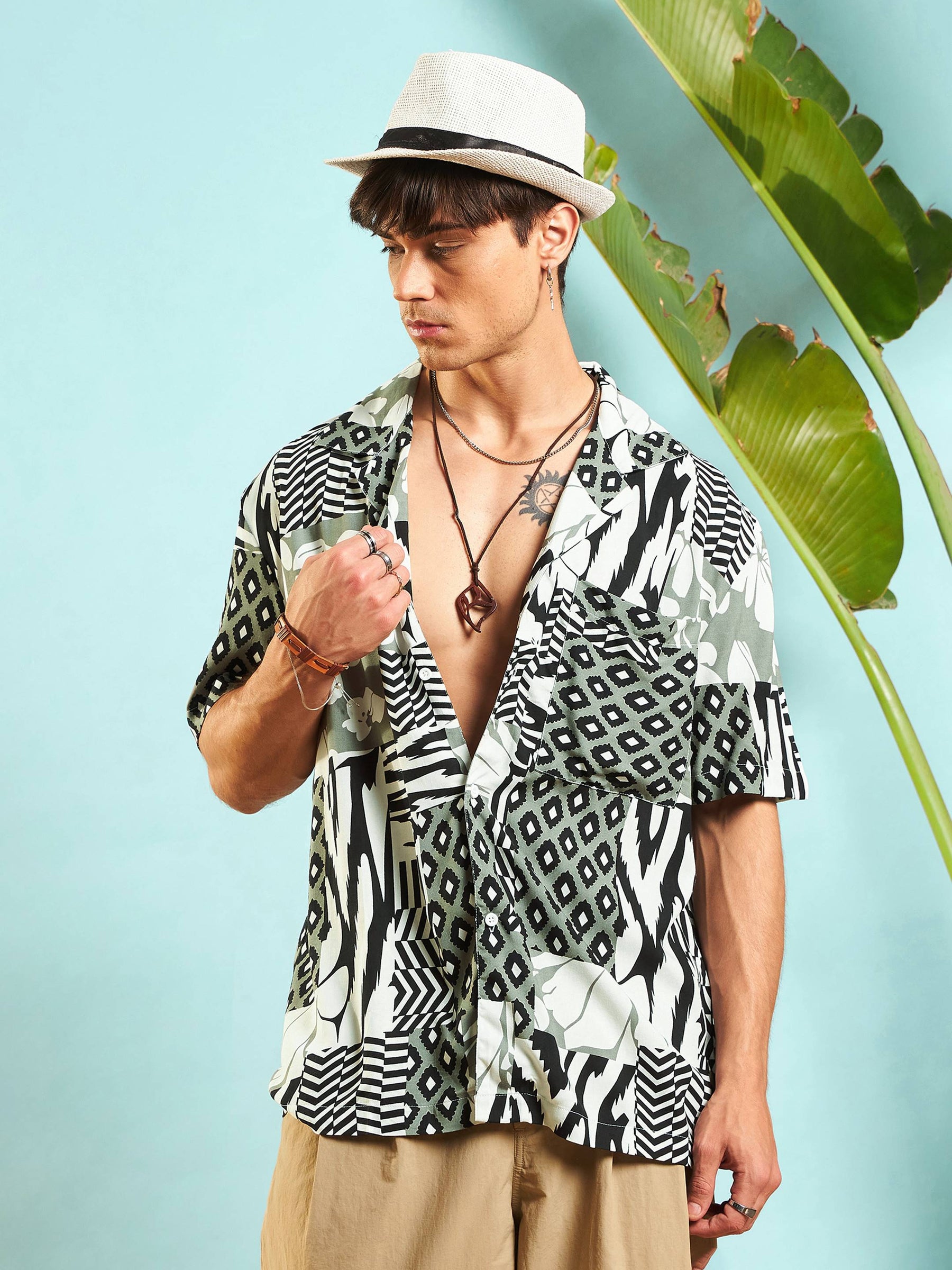 White & Black Leopard Relax Fit Shirt-MASCLN SASSAFRAS