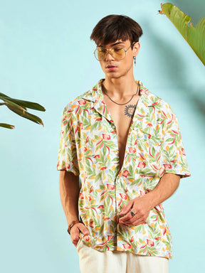 White Tropical Print Relax Fit Shirt-MASCLN SASSAFRAS