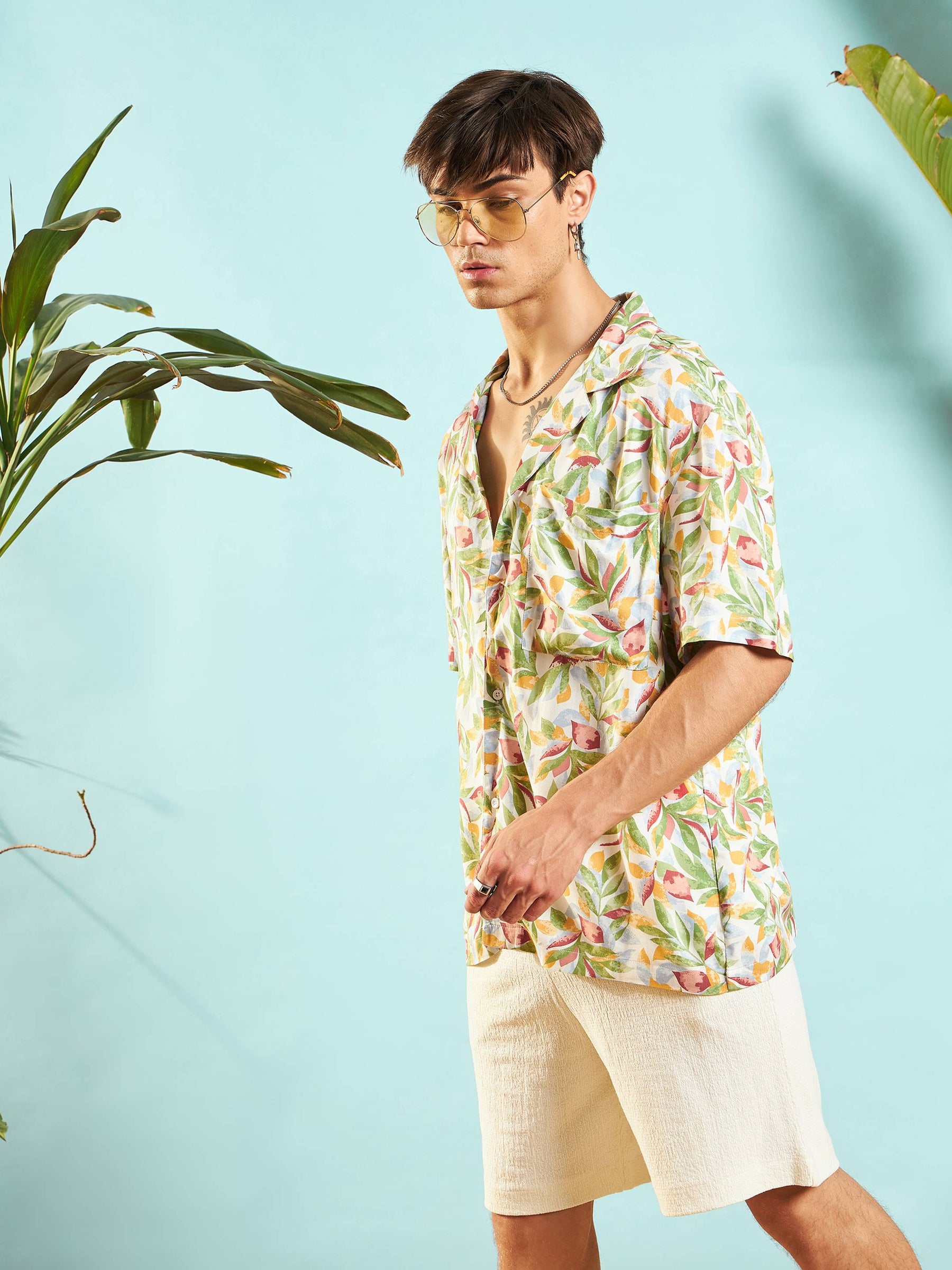 White Tropical Print Relax Fit Shirt-MASCLN SASSAFRAS