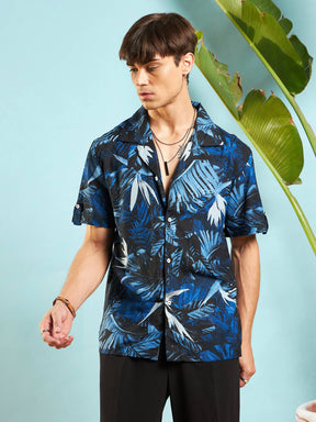 Blue Tropical Print Rollup Sleeves Relax Fit Shirt-MASCLN SASSAFRAS