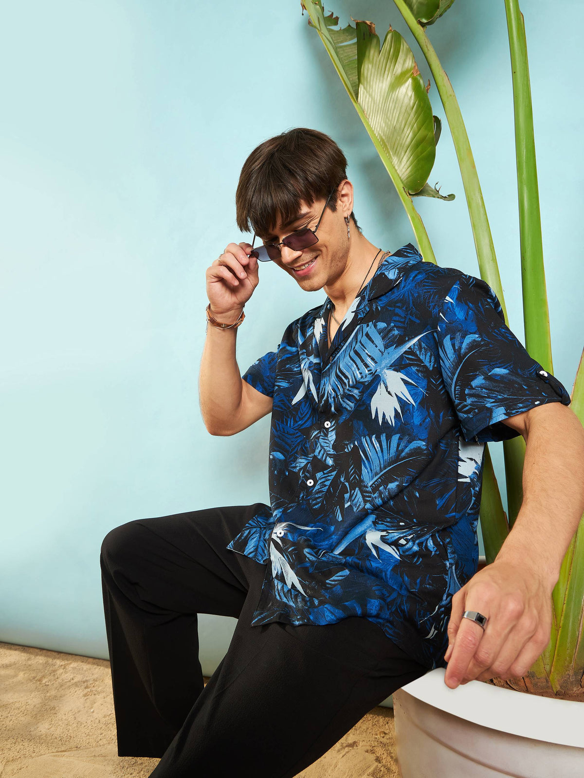 Blue Tropical Print Rollup Sleeves Relax Fit Shirt-MASCLN SASSAFRAS