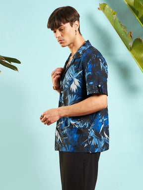 Blue Tropical Print Rollup Sleeves Relax Fit Shirt-MASCLN SASSAFRAS