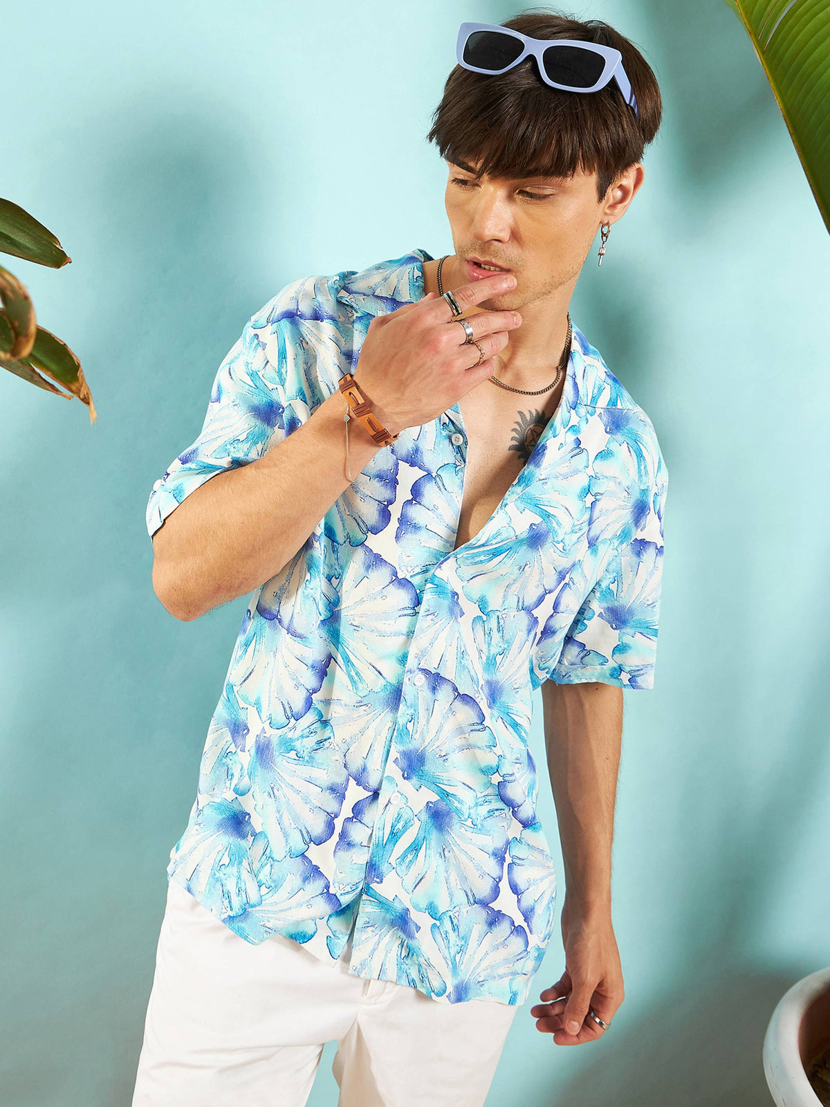White & Blue Floral Rollup Sleeves Relax Fit Shirt-MASCLN SASSAFRAS