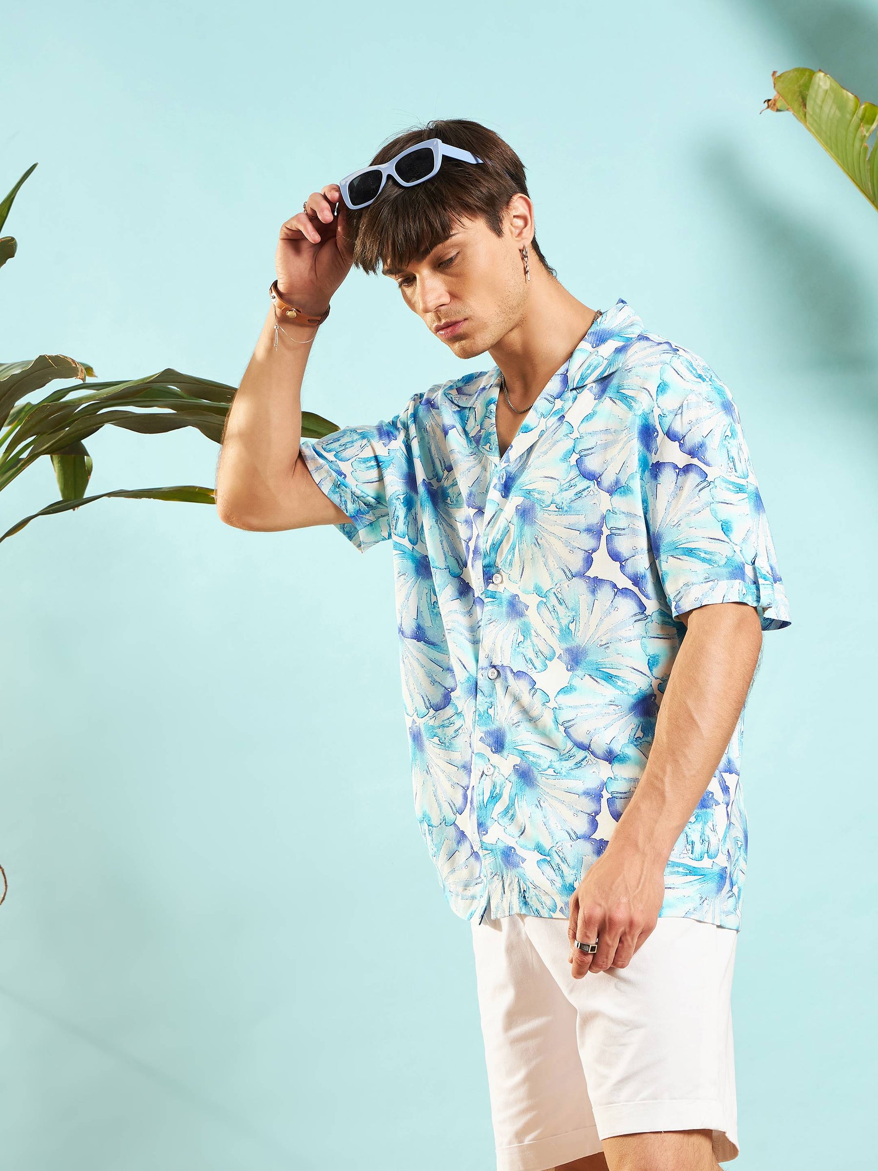 White & Blue Floral Rollup Sleeves Relax Fit Shirt-MASCLN SASSAFRAS