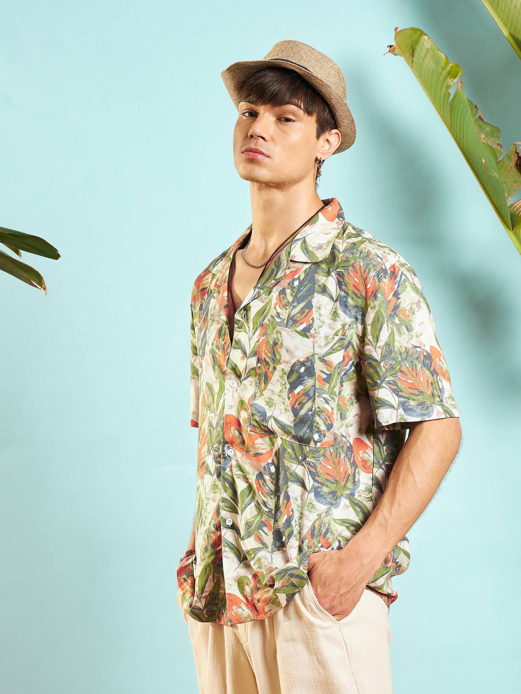 Beige Tropical Print Relax Fit Shirt-MASCLN SASSAFRAS