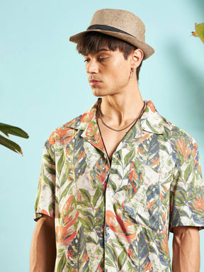 Beige Tropical Print Relax Fit Shirt-MASCLN SASSAFRAS