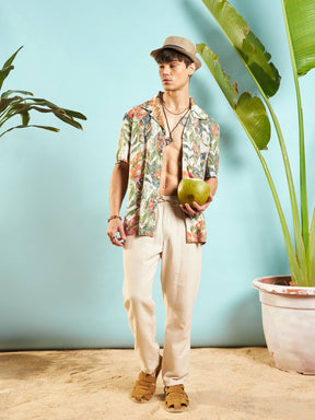 Beige Tropical Print Relax Fit Shirt-MASCLN SASSAFRAS