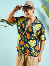 Navy Blue Tropical Print Relax Fit Shirt-MASCLN SASSAFRAS