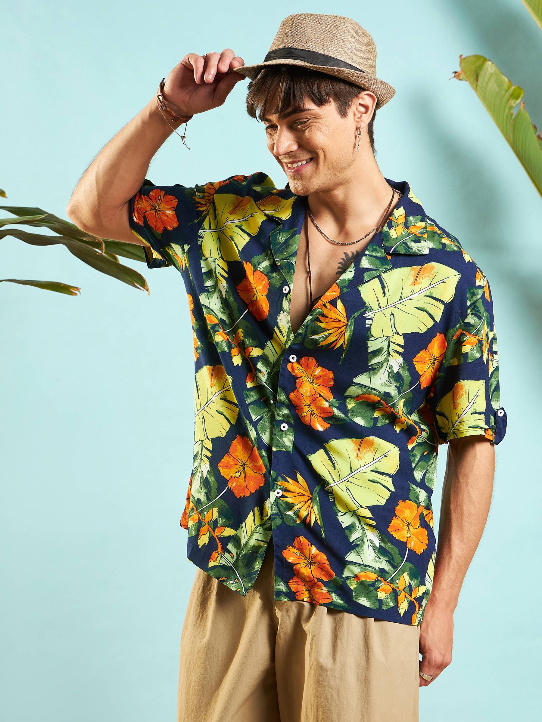 Navy Blue Tropical Print Relax Fit Shirt-MASCLN SASSAFRAS