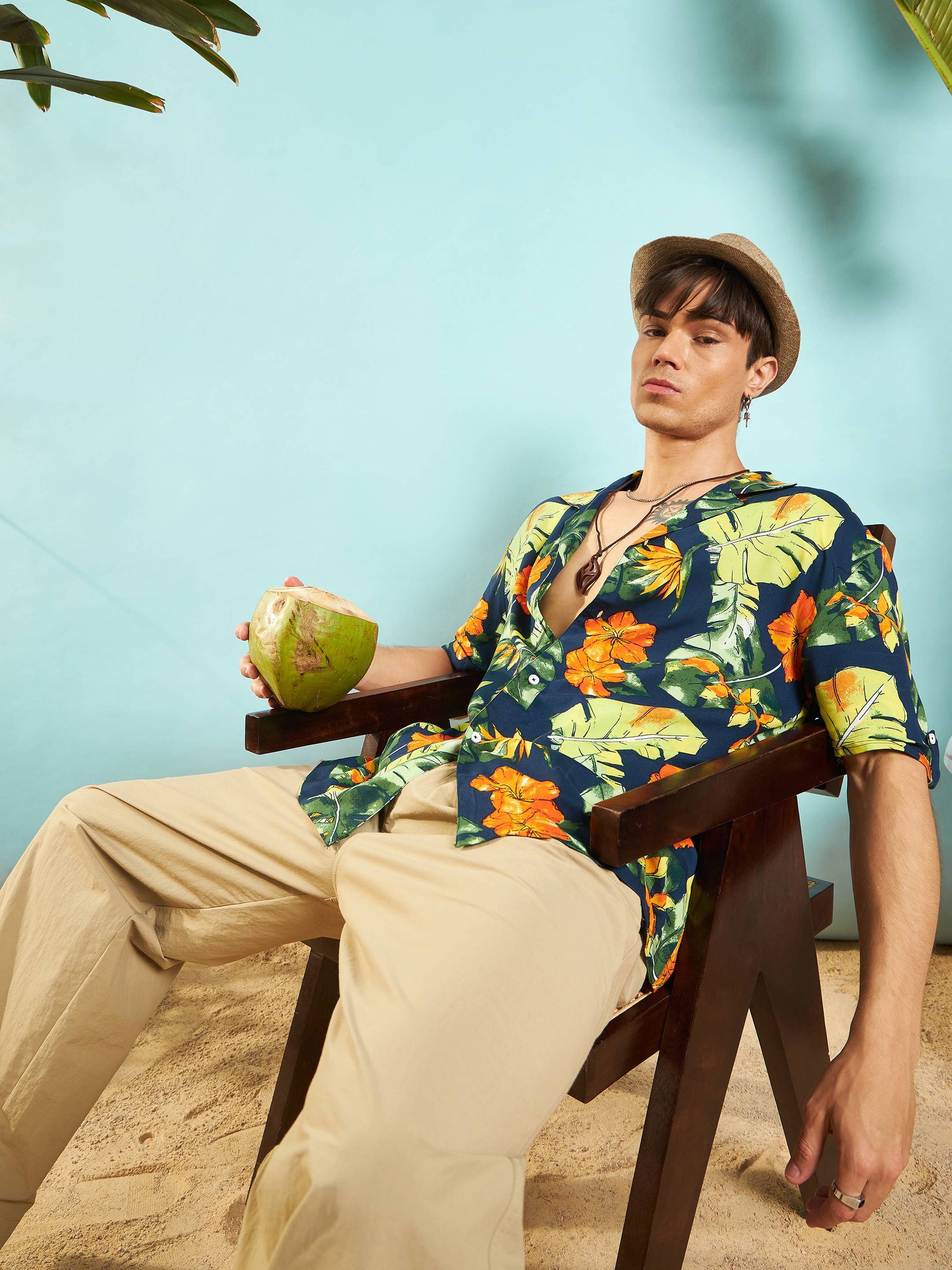 Navy Blue Tropical Print Relax Fit Shirt-MASCLN SASSAFRAS