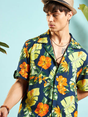 Navy Blue Tropical Print Relax Fit Shirt-MASCLN SASSAFRAS