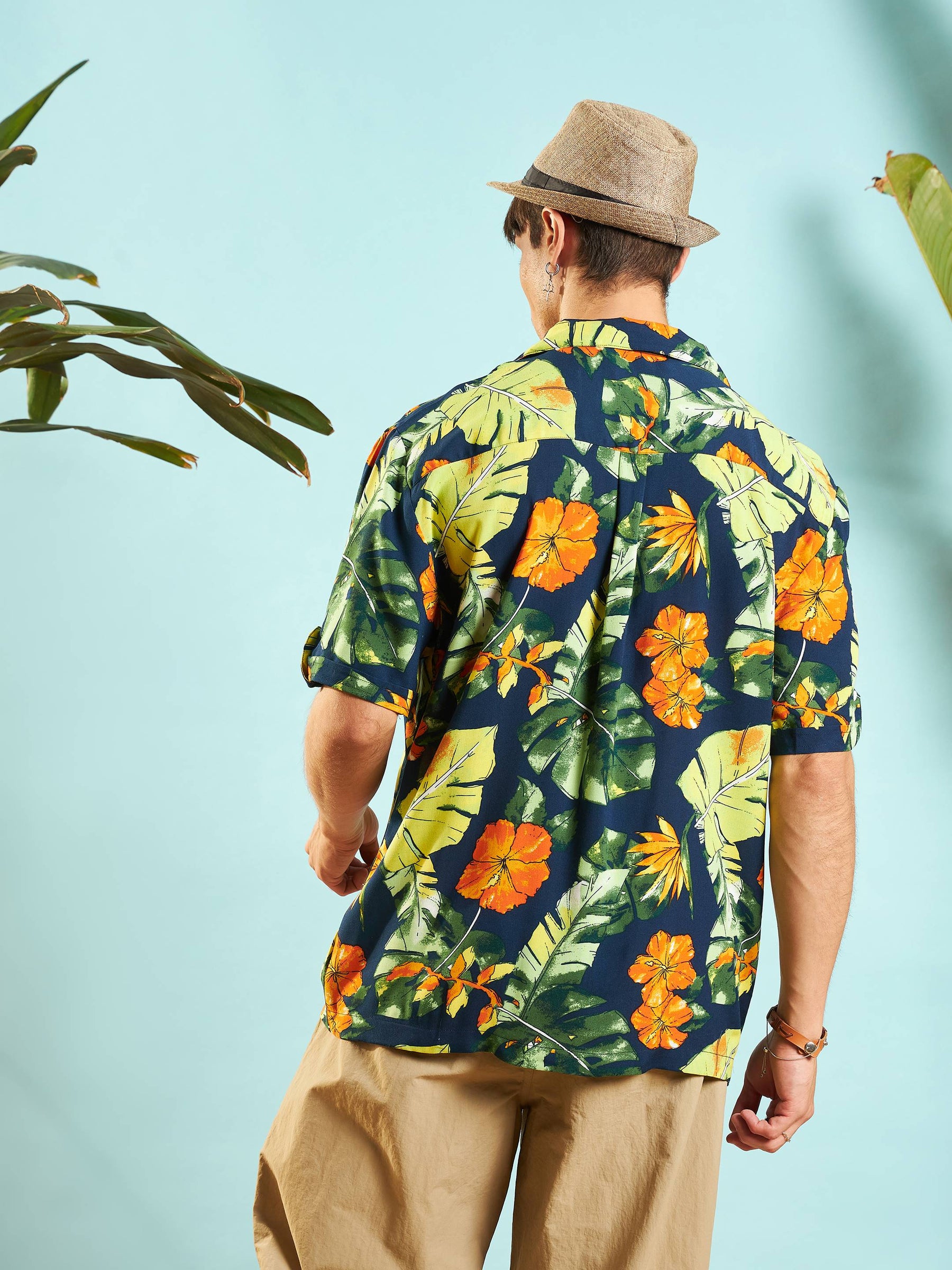 Navy Blue Tropical Print Relax Fit Shirt-MASCLN SASSAFRAS