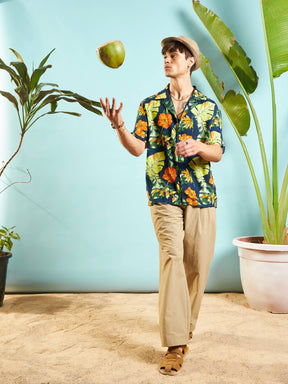 Navy Blue Tropical Print Relax Fit Shirt-MASCLN SASSAFRAS