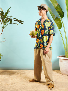 Men Navy Blue Tropical Print Relax Fit Shirt