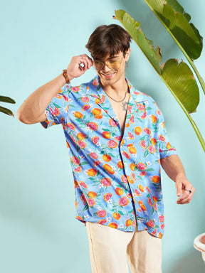 Blue Fruit Print Relax Fit Shirt-MASCLN SASSAFRAS