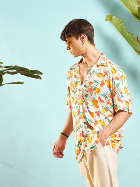 Beige Fruit Print Relax Fit Shirt-MASCLN SASSAFRAS