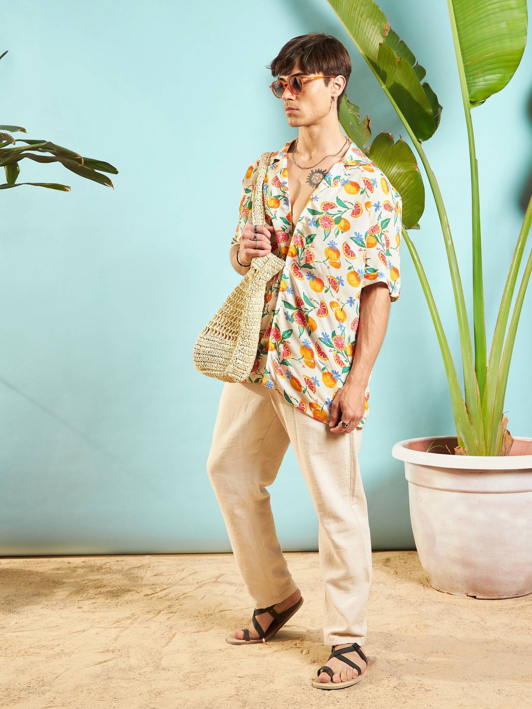 Beige Fruit Print Relax Fit Shirt-MASCLN SASSAFRAS