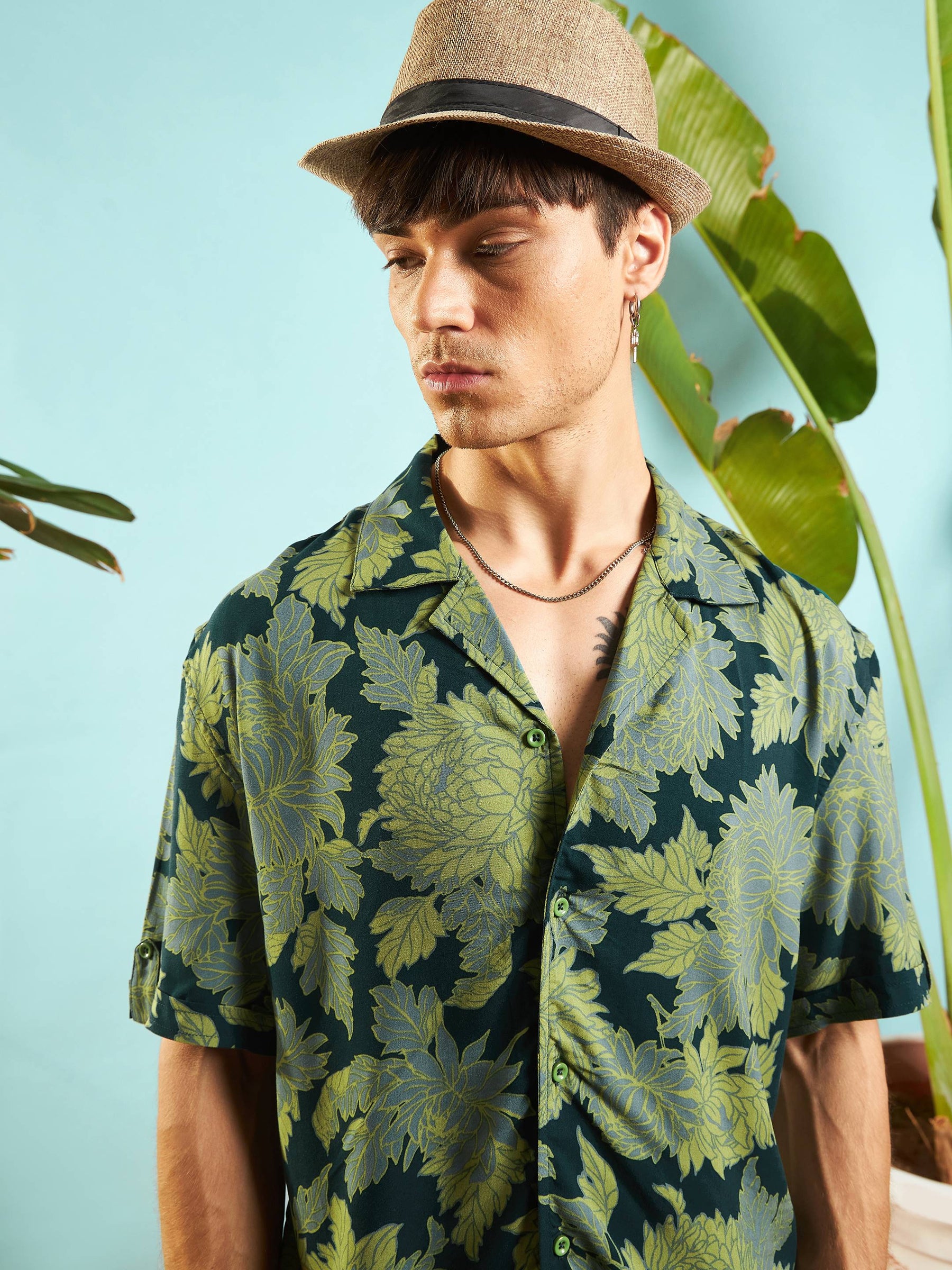 Emerald Green Floral Box Pleat Relax Fit Shirt-MASCLN SASSAFRAS