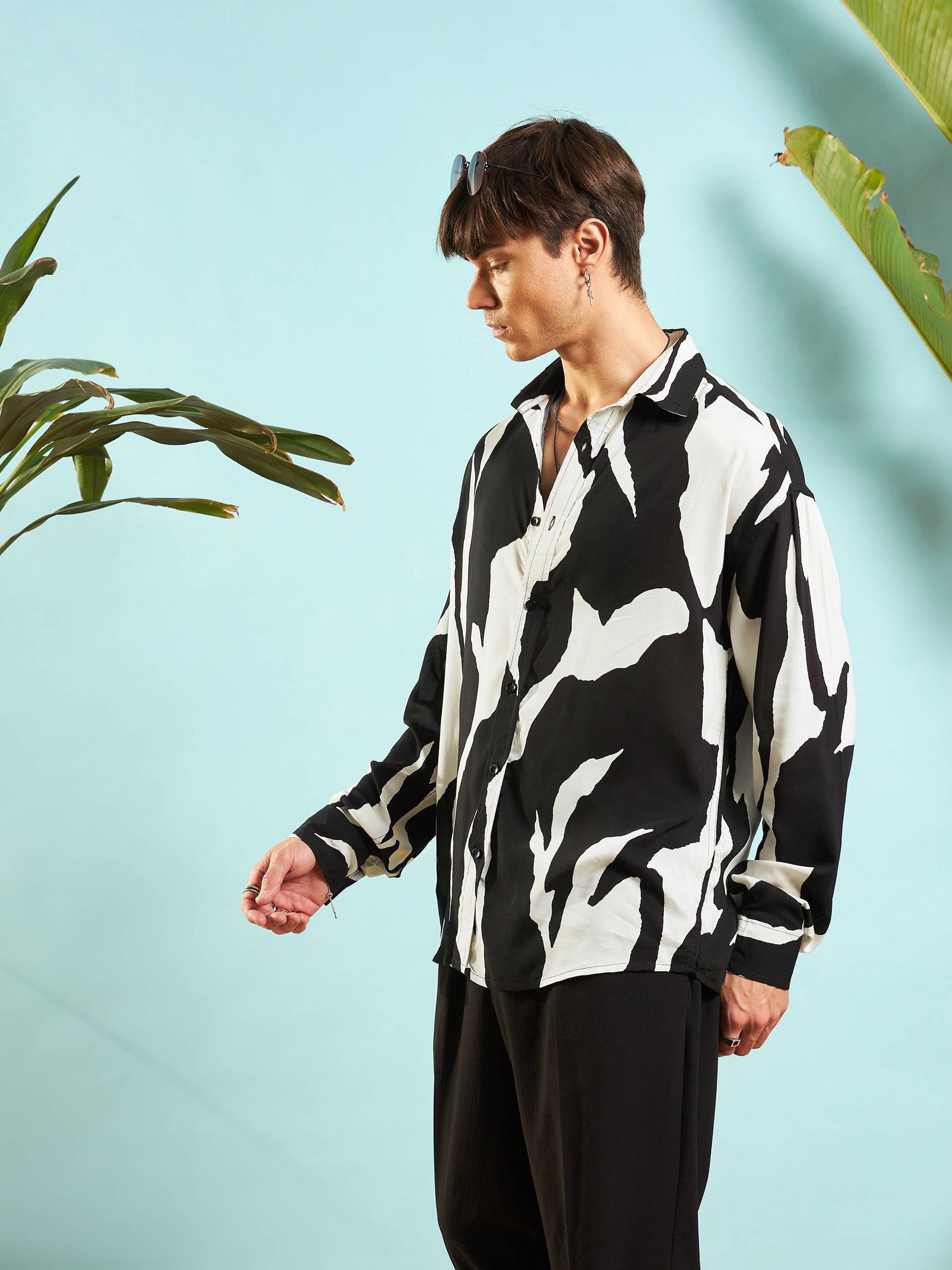 White & Black Abstract Print Relax Fit Shirt-MASCLN SASSAFRAS