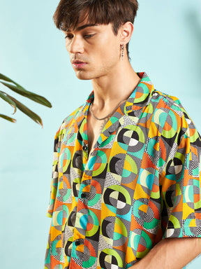 Green Multi Colour Geometric Relax Fit Shirt-MASCLN SASSAFRAS