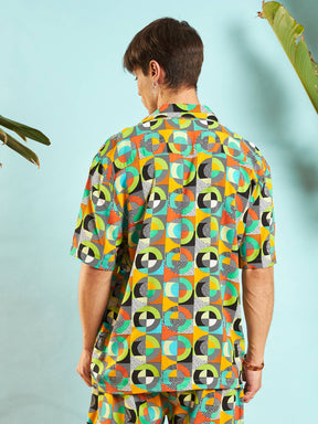 Green Multi Colour Geometric Relax Fit Shirt-MASCLN SASSAFRAS