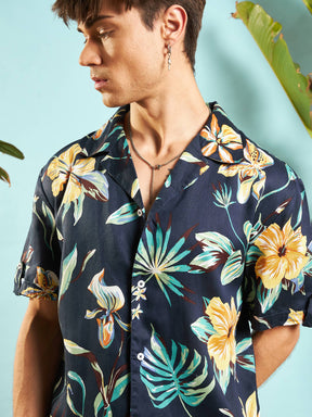 Navy Blue Tropical Relax Shirt-MASCLN SASSAFRAS