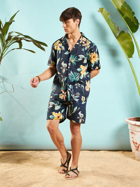 Men Navy Blue Tropical Relax Shirt