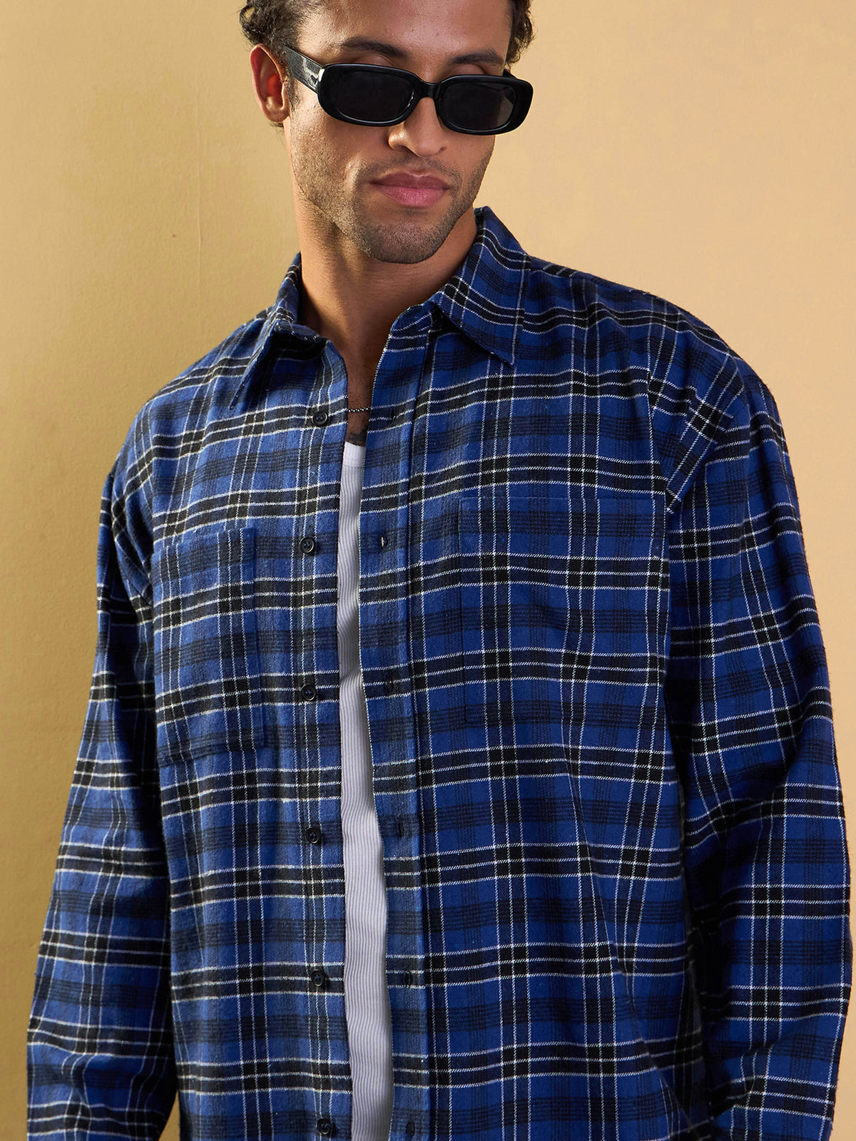 Blue & Black Check Patch Pocket Oversize Shirt-MASCLN SASSAFRAS