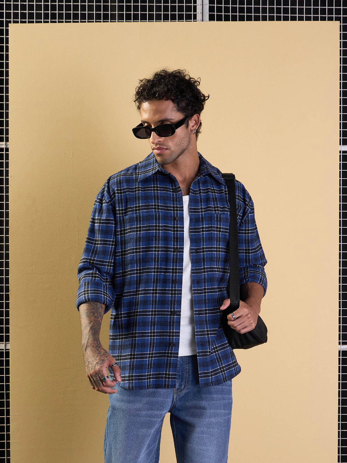 Blue & Black Check Patch Pocket Oversize Shirt-MASCLN SASSAFRAS