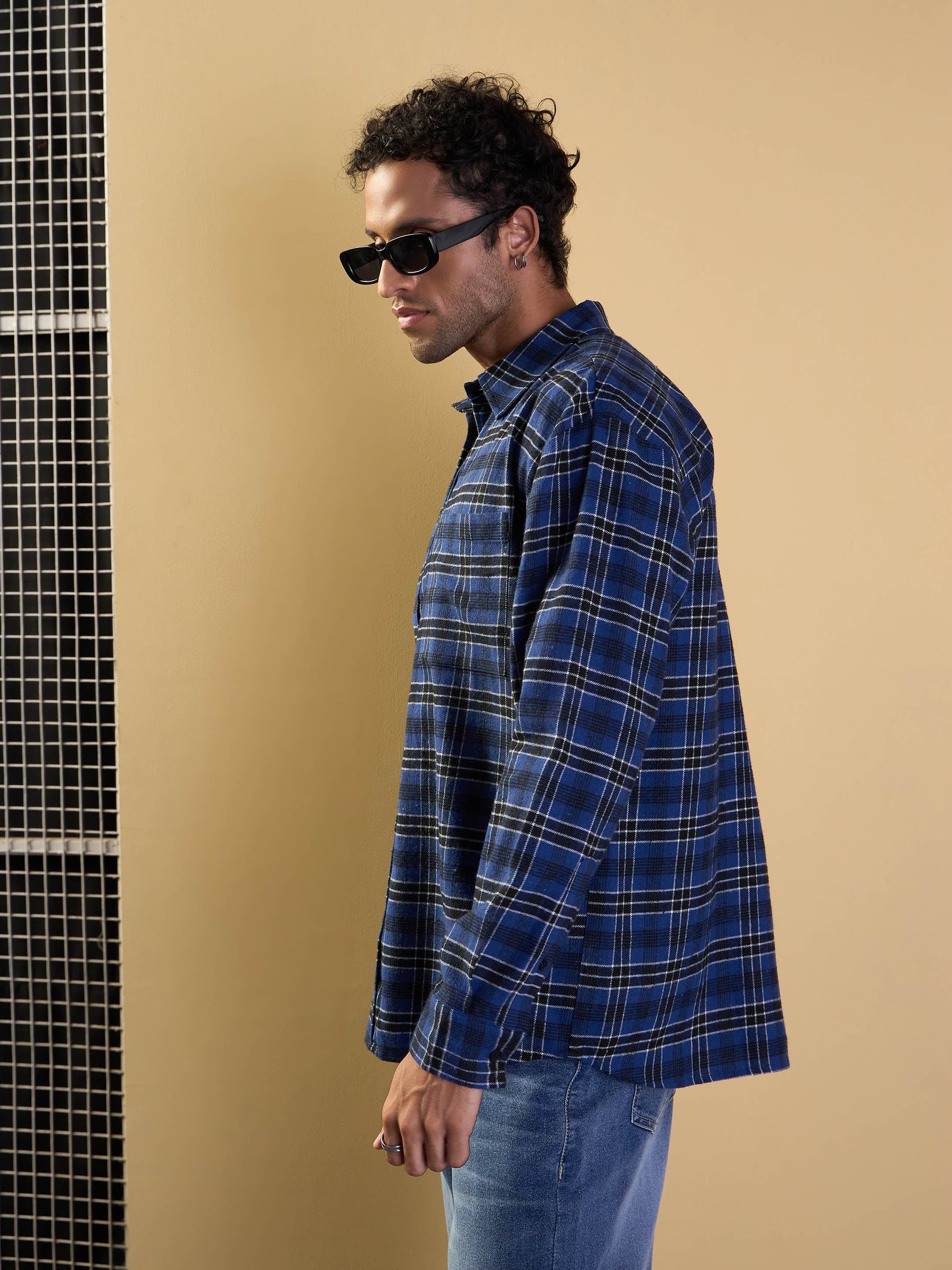 Blue & Black Check Patch Pocket Oversize Shirt-MASCLN SASSAFRAS