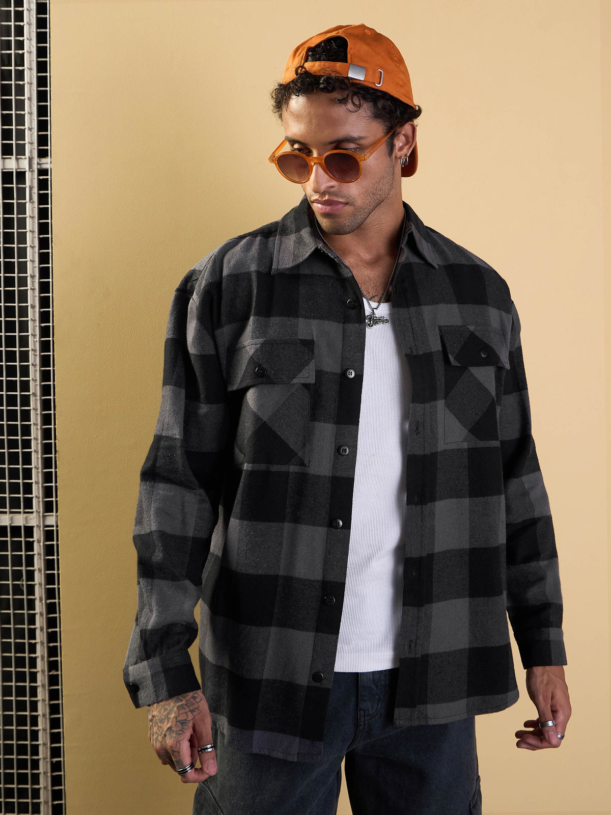 Grey & Black Check Flap Pocket Oversize Shirt-MASCLN SASSAFRAS