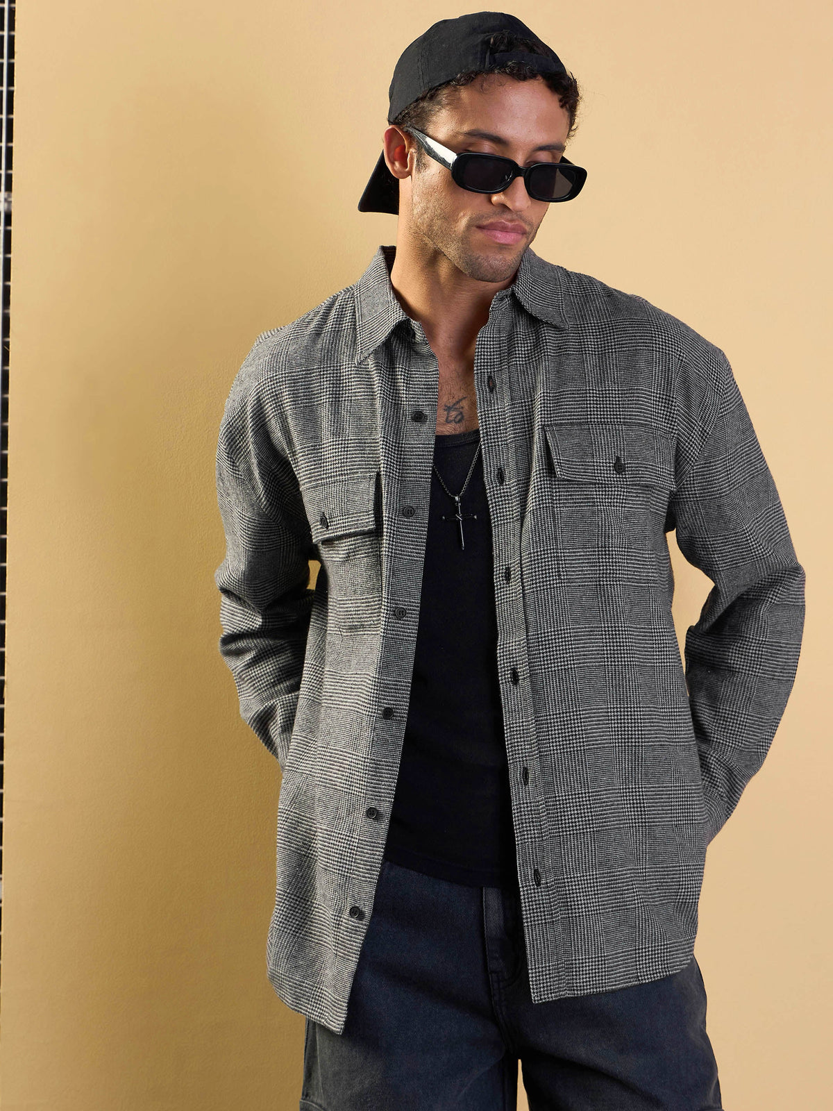 Grey Check Flap Pocket Oversize Shirt-MASCLN SASSAFRAS