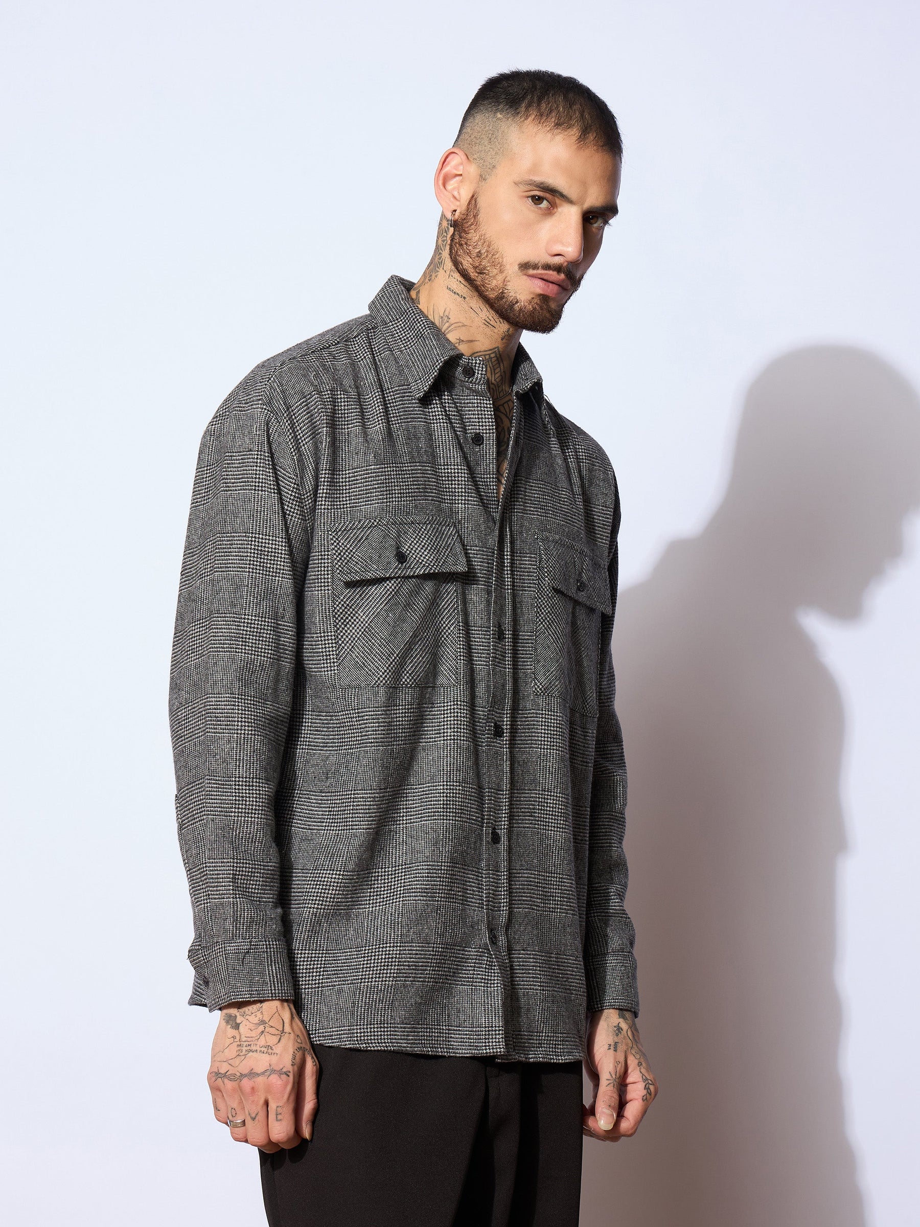 Grey Check Flap Pocket Oversize Shirt-MASCLN SASSAFRAS