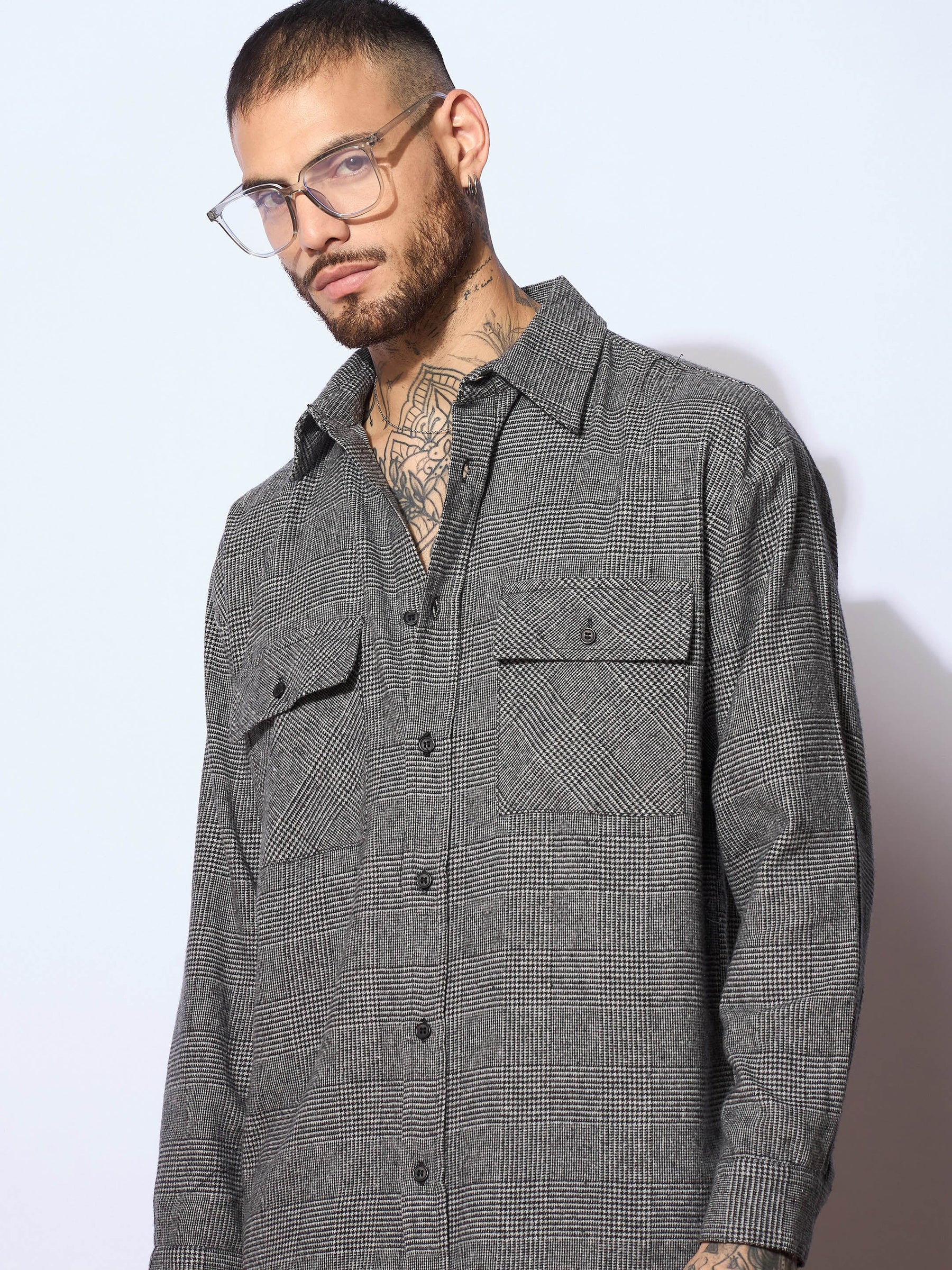 Grey Check Flap Pocket Oversize Shirt-MASCLN SASSAFRAS