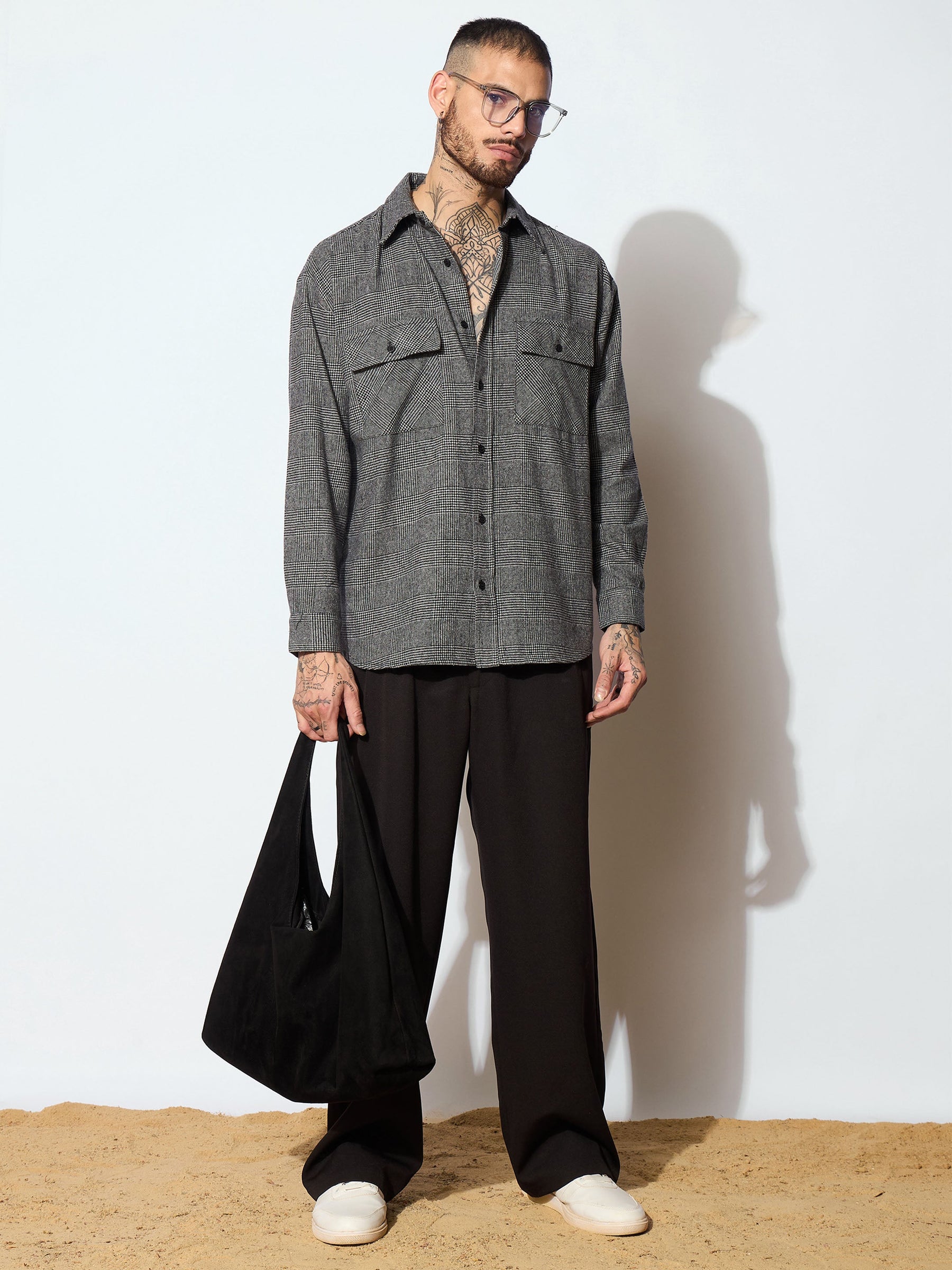 Grey Check Flap Pocket Oversize Shirt-MASCLN SASSAFRAS