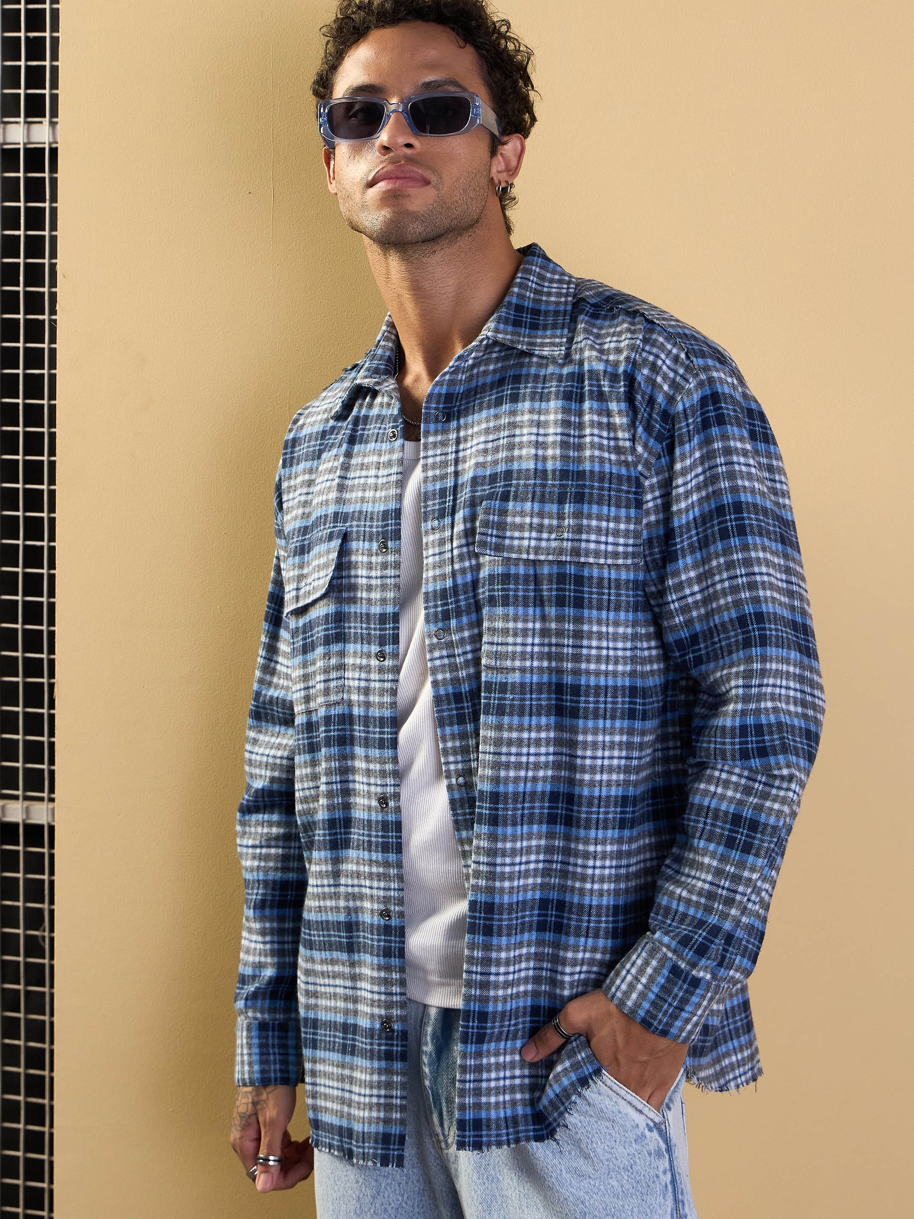 Grey & Blue Check Raw Edge Hem Oversize Shirt-MASCLN SASSAFRAS