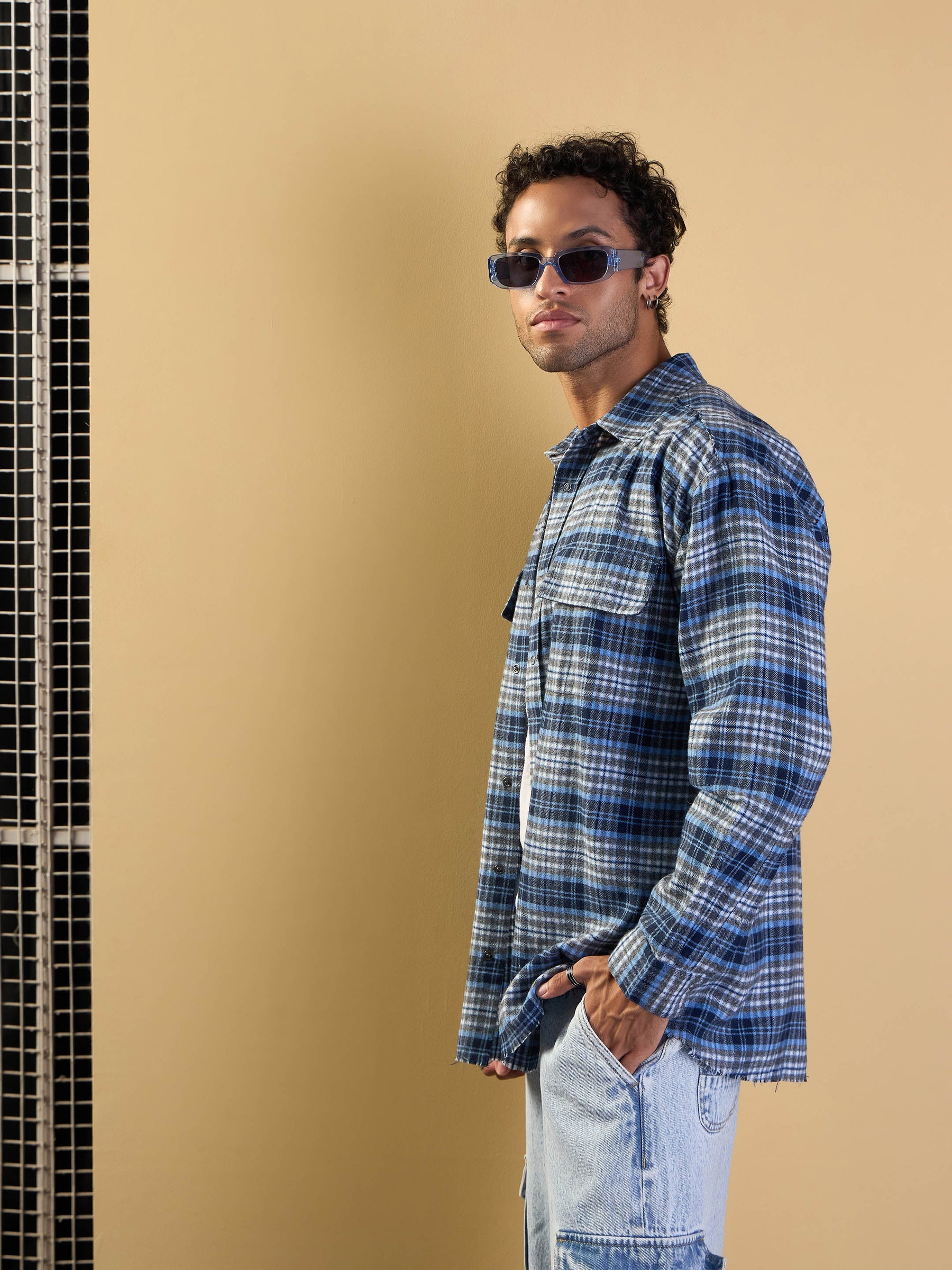 Grey & Blue Check Raw Edge Hem Oversize Shirt-MASCLN SASSAFRAS