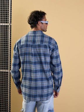 Grey & Blue Check Raw Edge Hem Oversize Shirt-MASCLN SASSAFRAS