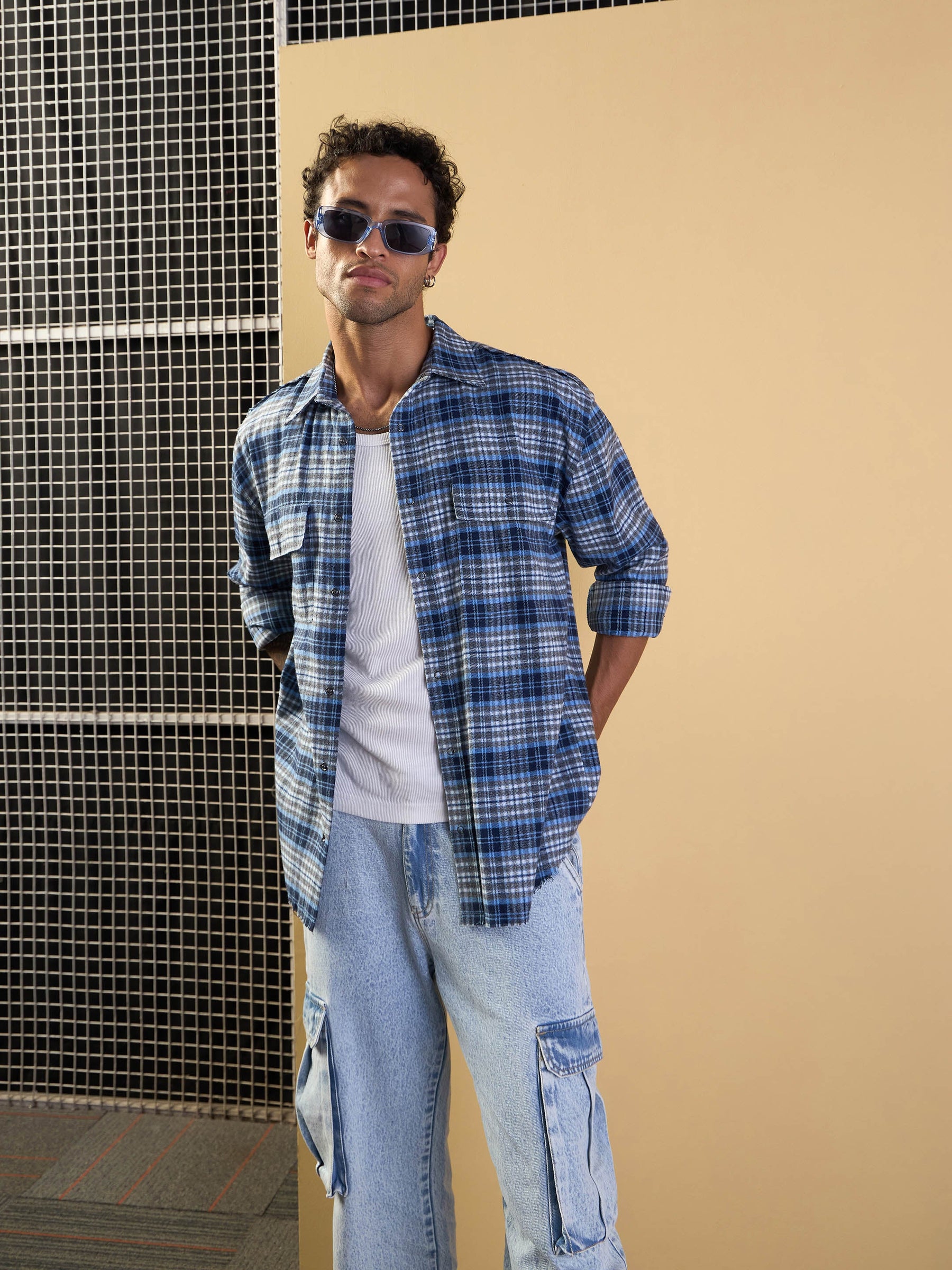 Grey & Blue Check Raw Edge Hem Oversize Shirt-MASCLN SASSAFRAS