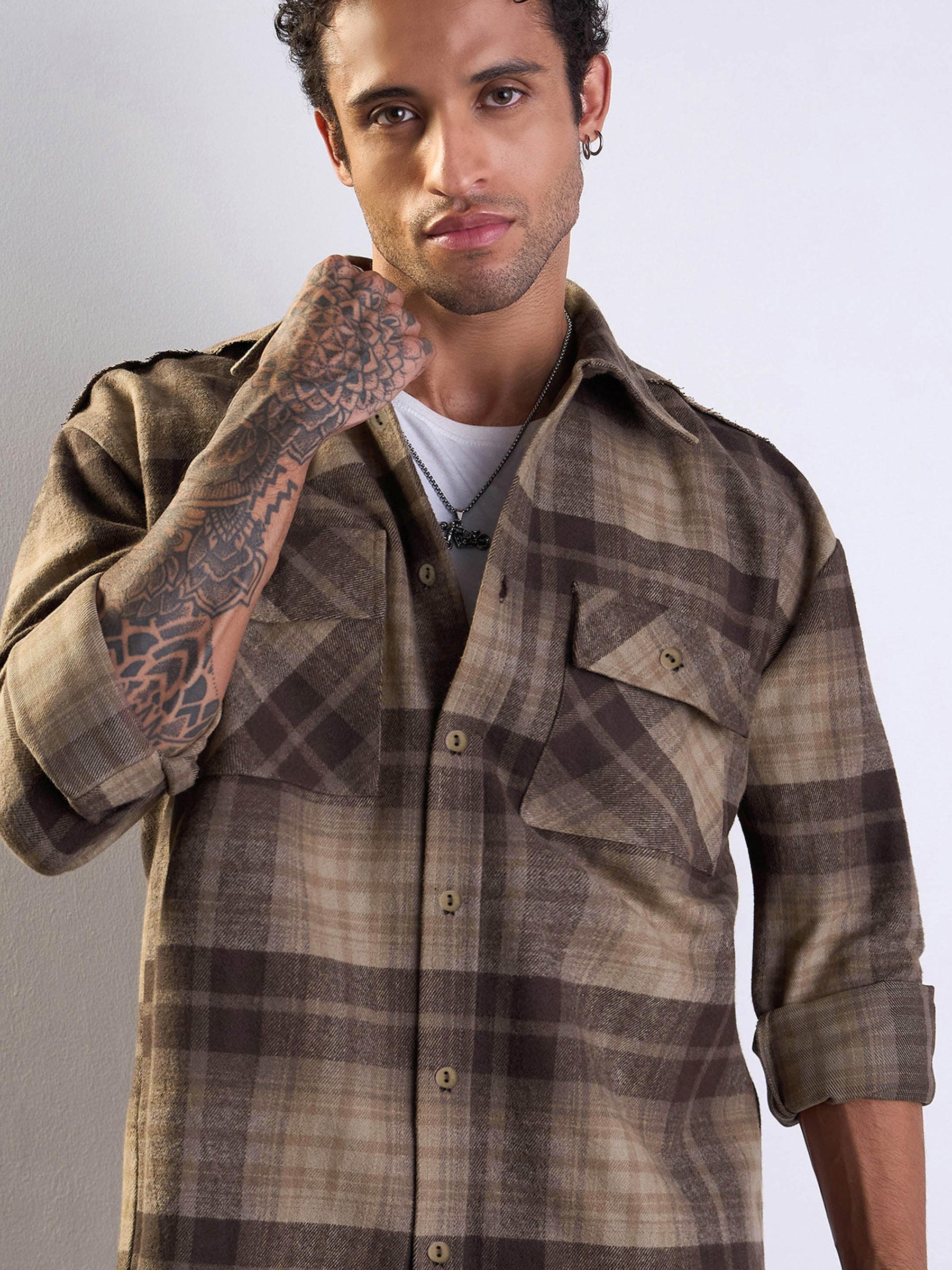 Beige & Brown Check Raw Edge Hem Oversize Shirt-MASCLN SASSAFRAS